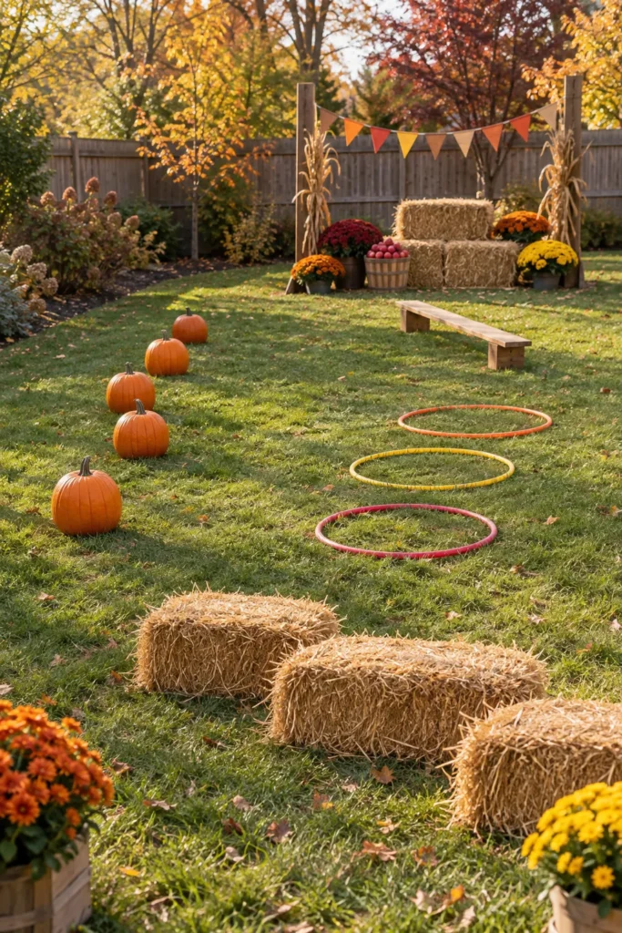 Backyard fall activity setup with hay bales, pumpkins in a line, hula hoops, cornstalk decorations, and colorful mums under autumn trees