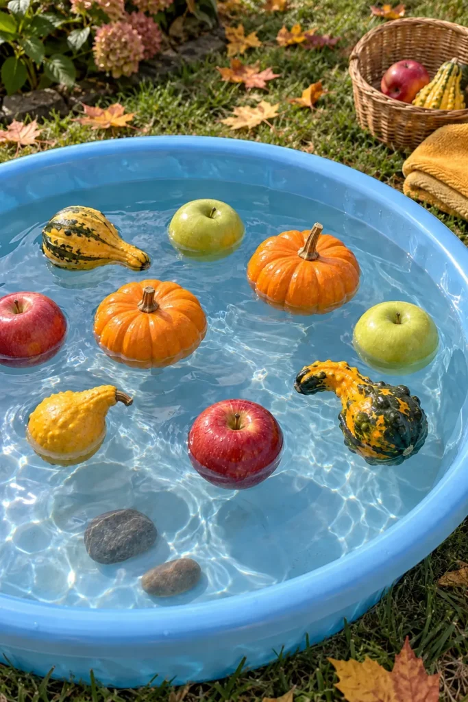 Blue basin filled with floating apples, mini pumpkins, and decorative gourds on grass with autumn leaves and a wicker basket nearby