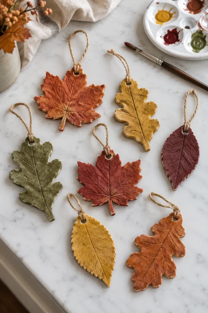 Painted clay leaf ornaments in autumn colors hung with twine on a marble surface, with a paintbrush and palette nearby