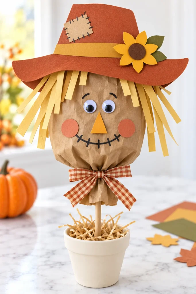 Cheerful scarecrow craft made from paper bag head with googly eyes, stitched smile, straw hair, and orange hat with yellow flower, potted in white ceramic with small pumpkin nearby