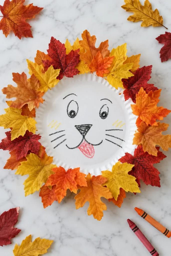 Hand-drawn lion face on white paper surrounded by a colorful fall leaf crown in red, orange, and yellow tones, with crayons nearby on marble background