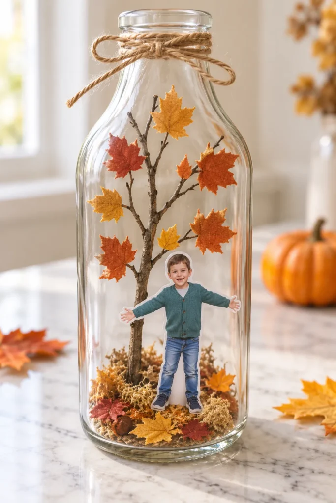 Child in green sweater standing under autumn tree with colorful fall leaves inside glass jar on marble surface