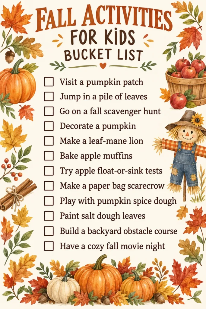 Fall activities for kids bucket list with checkboxes, featuring autumn leaves, pumpkins, apples, scarecrow, and cinnamon sticks on cream background