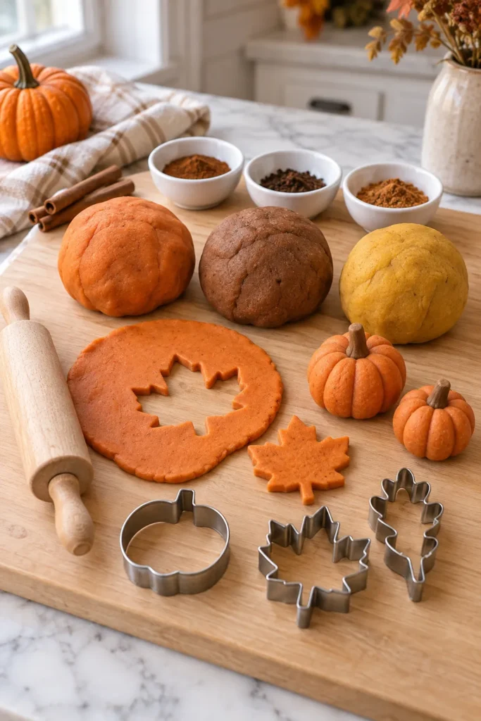 Pumpkin and maple-shaped cookies with metal cutters, dough balls, rolling pin, and spice bowls on wooden surface, autumn kitchen setup for baking with kids
