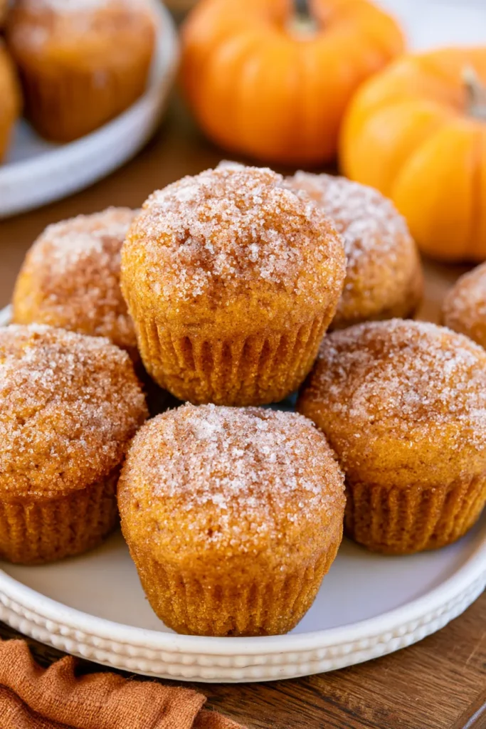 Cinnamon sugar-coated pumpkin muffins arranged on a white plate with whole pumpkins in the background
