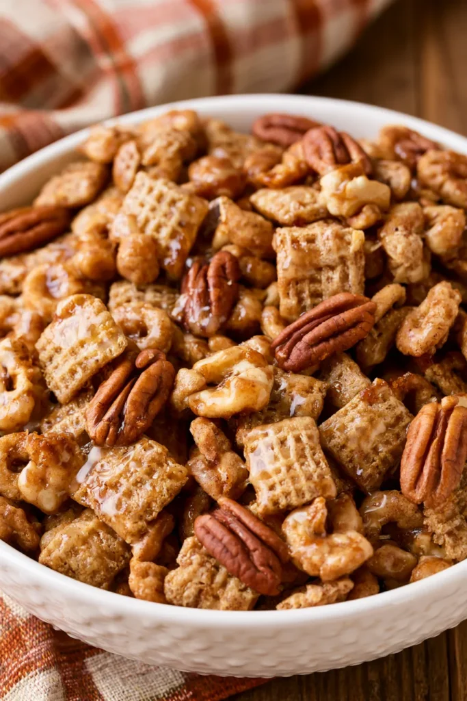White bowl filled with cinnamon cereal squares and pecans on a wood table with autumn napkin