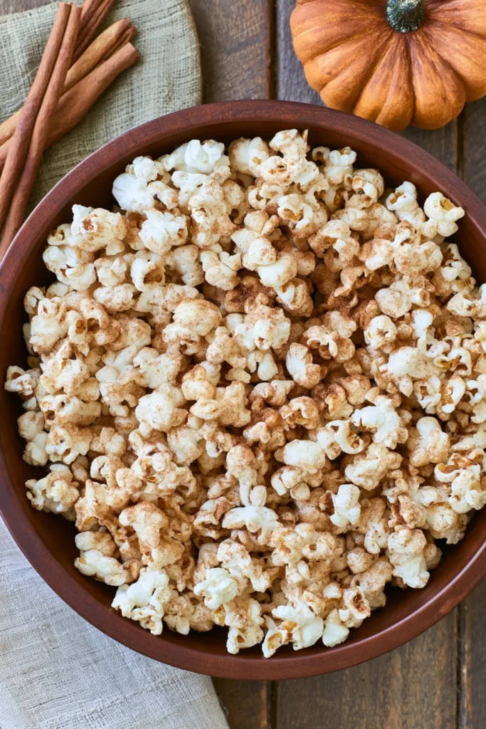 Cinnamon-dusted popcorn in a terra cotta bowl surrounded by cinnamon sticks and a decorative pumpkin on a wooden surface