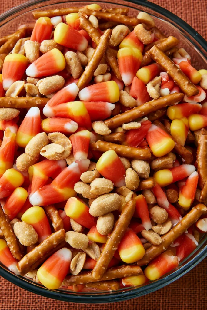 Autumn snack mix in glass bowl with candy corn, pretzels, peanuts, and cashews on orange textured background