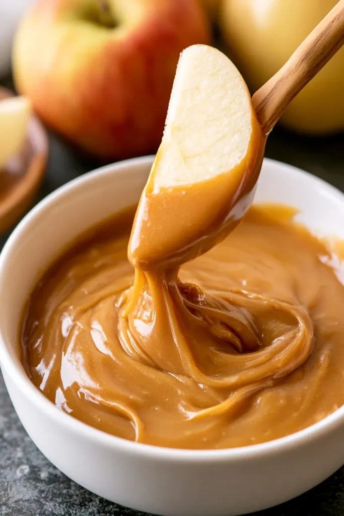Apple slice dipped in creamy peanut butter over a bowl filled with peanut butter, fresh apples blurred in background