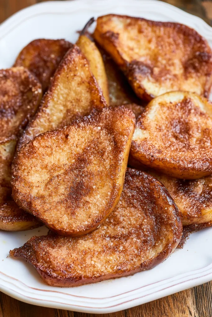 Cinnamon sugar coated apple slices on a white plate, golden brown and crispy
