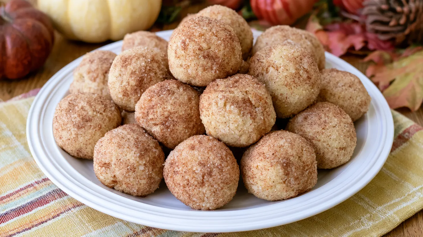 Cinnamon sugar coated donut holes piled on a white plate with fall produce and decorations in the background
