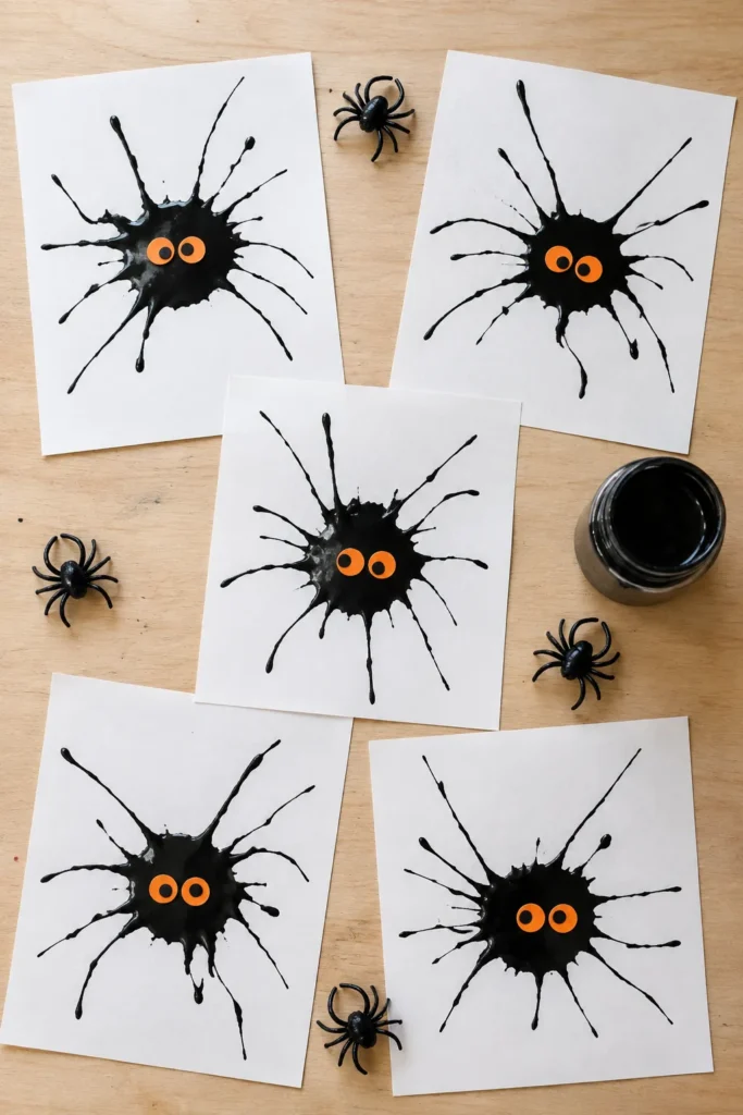 Five handmade spider drawings with black paint splatters and orange eyes arranged on wood, surrounded by small plastic spiders and black paint jar