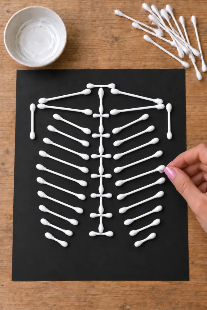 Skeleton ribcage made from cotton swabs arranged on black paper with a bowl of glue and extra swabs nearby on wooden surface