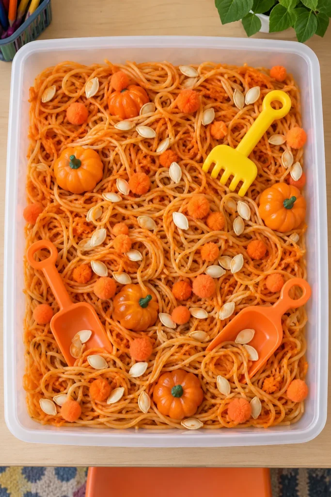 Orange-tinted pasta sensory bin with mini pumpkins, sliced almonds, and toy garden tools for Halloween-themed play