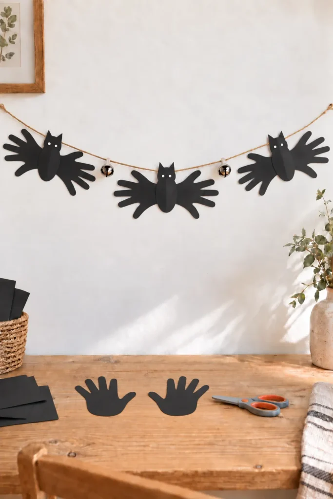 Black bat and cat garland strung on twine above wooden table with craft supplies and additional bat cutouts