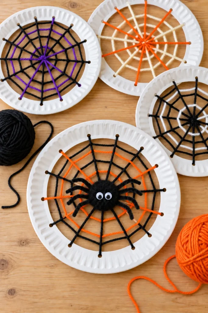 Four paper plate spider webs in purple, orange, and black yarn with googly-eyed spider craft on wooden surface