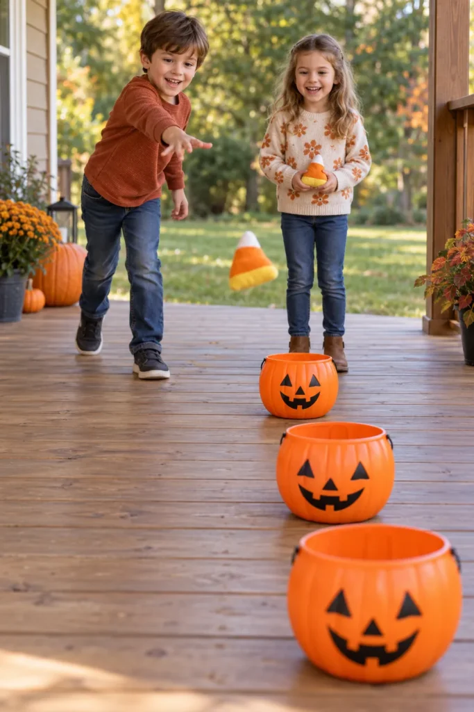 Two smiling children on a wooden porch playing with jack-o'-lantern pumpkin baskets arranged in a row, autumn foliage visible behind them
