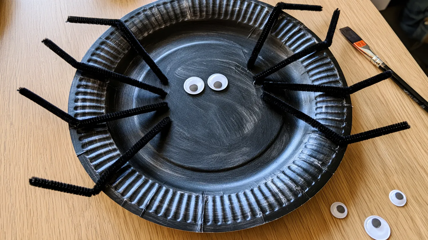 Black paper plate spider craft with googly eyes and black pipe cleaner legs on wooden table