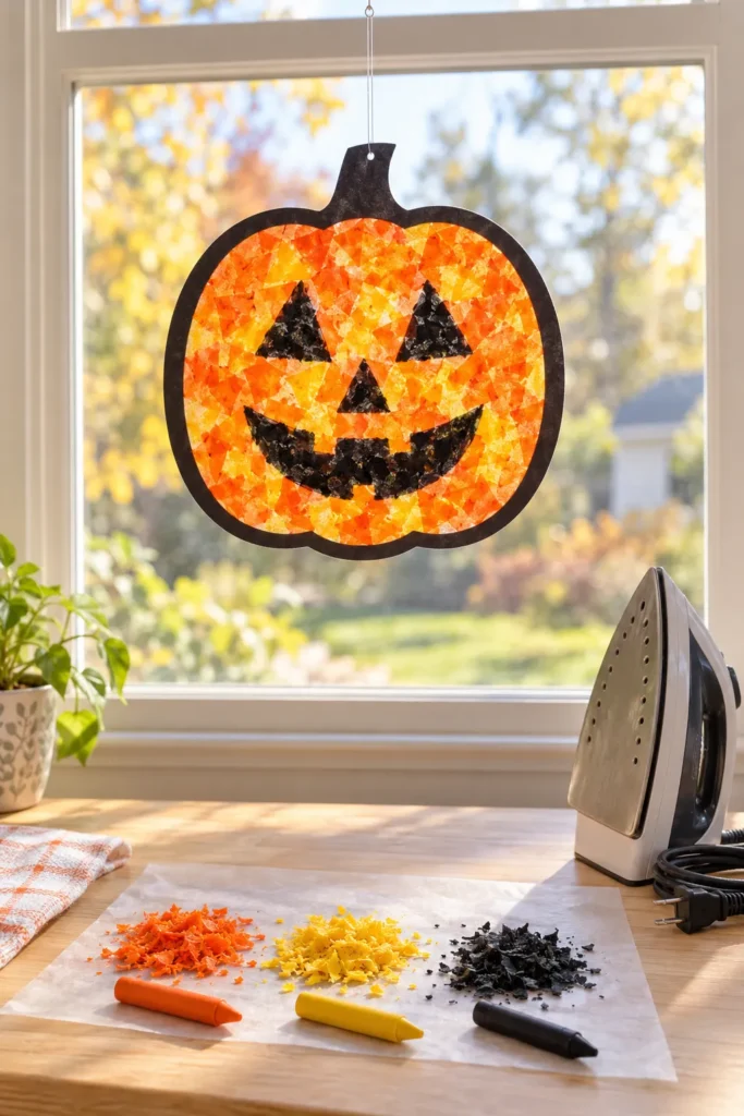 Jack-o'-lantern suncatcher hanging in window with shredded tissue paper craft supplies and crayons on table below