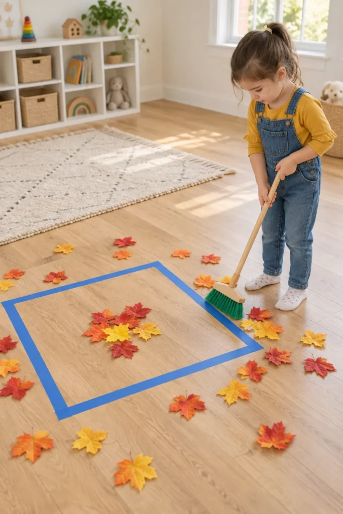 Young child sweeping autumn leaves into a blue taped square on wooden floor during fall preschool activity