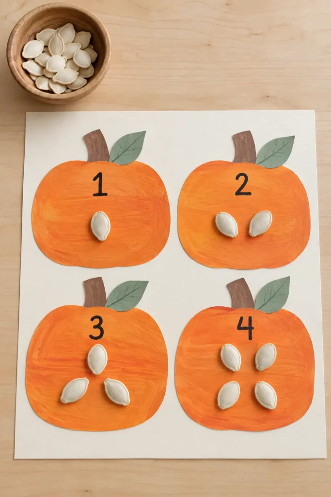 Counting activity worksheet with four orange pumpkins numbered 1-4, each displaying increasing white pumpkin seeds to count