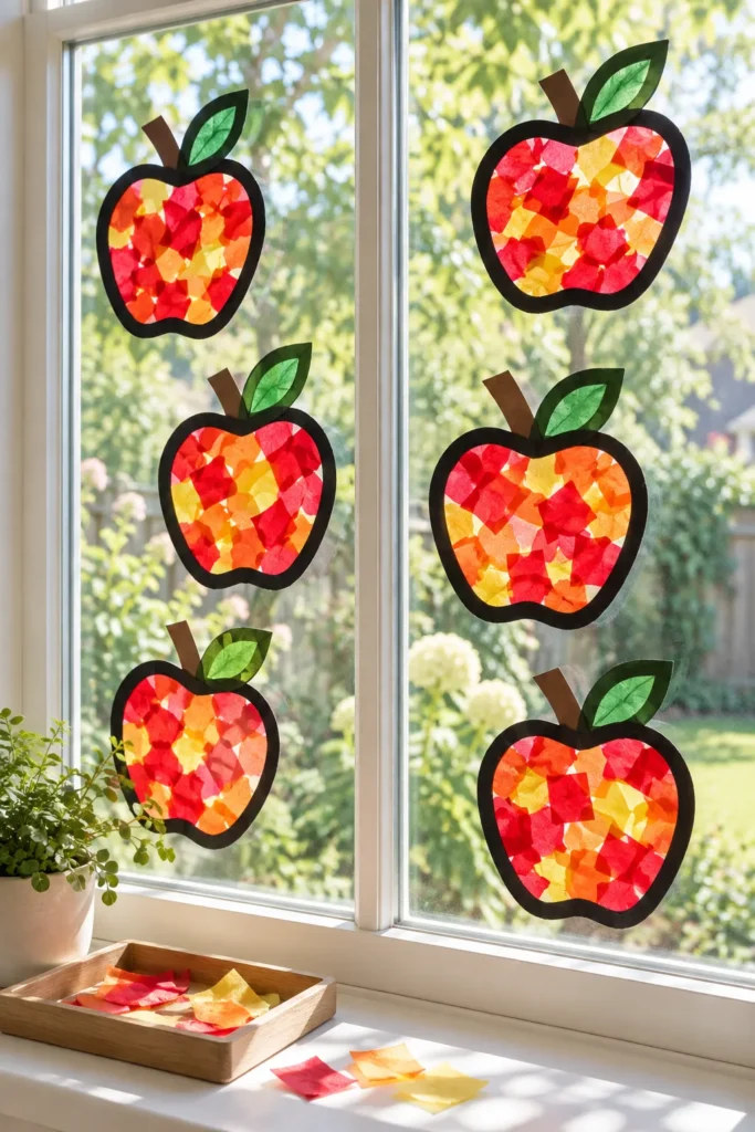 Colorful tissue paper apples with black outlines displayed on a sunny window, with a wooden tray of craft materials on the sill