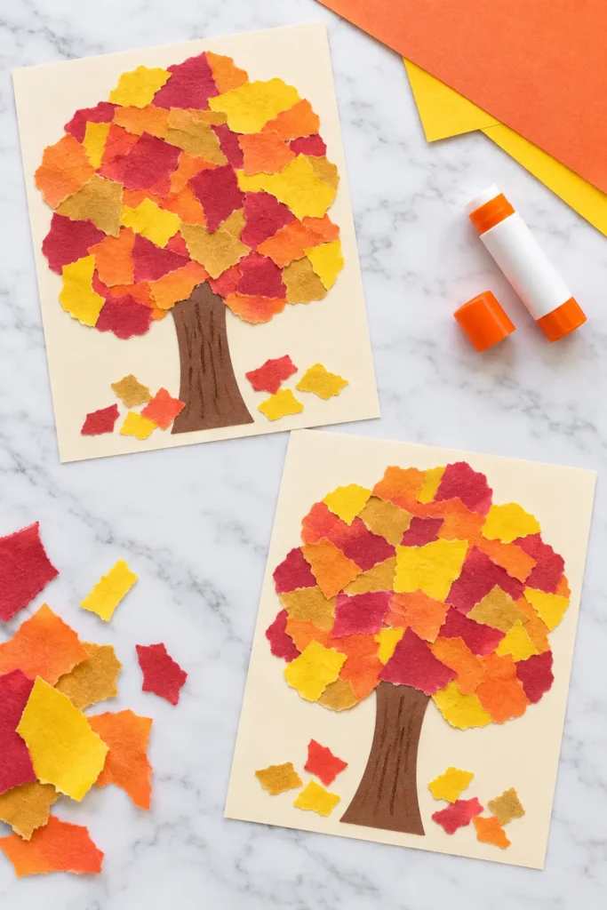 Two paper crafts with fall trees made from colorful tissue paper leaves in red, yellow, and orange, with brown trunks and scattered leaves on marble surface