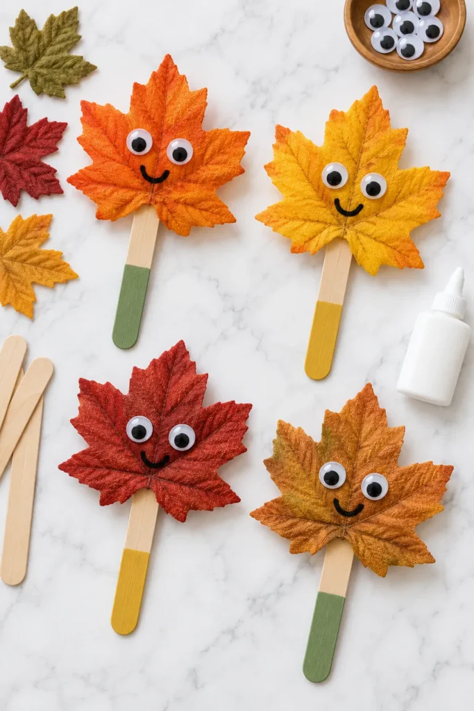 Colorful fall leaf crafts with googly eyes and smiling faces on popsicle sticks, arranged on marble with craft supplies and blueberries nearby