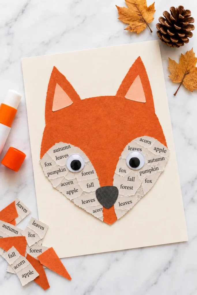 Craft paper with orange fox face and googly eyes surrounded by autumn vocabulary words, set on marble with dried leaves and pinecone