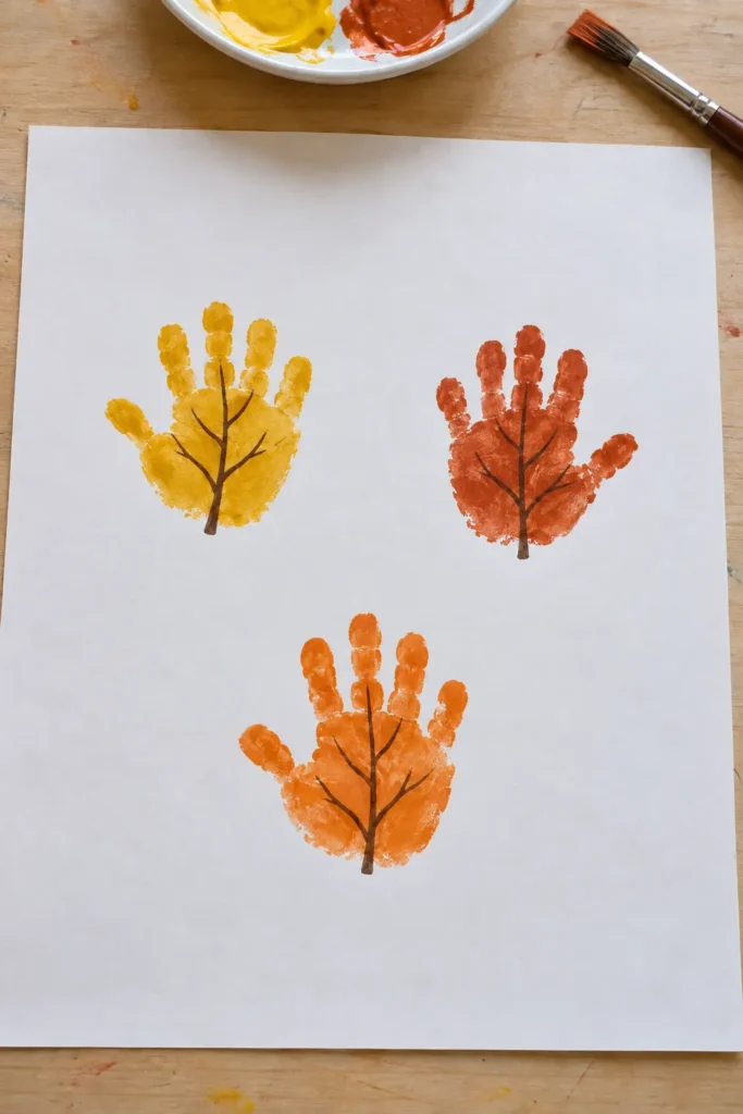 Handprint art project with yellow, red, and orange painted handprints arranged as fall leaves with drawn brown stems on white paper