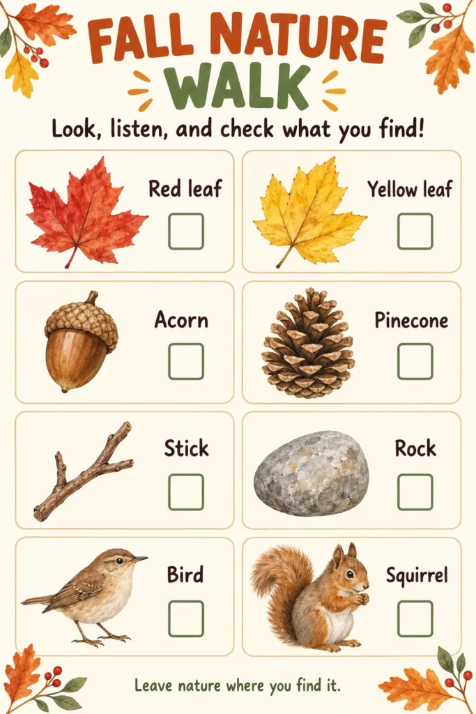 Fall nature walk scavenger hunt checklist for kids with red and yellow leaves, acorn, pinecone, stick, rock, bird, and squirrel illustrations