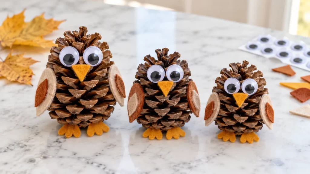 Three pinecone owls with googly eyes, orange felt beaks and feet, and tan felt wings arranged on a marble table with autumn leaves and craft supplies nearby