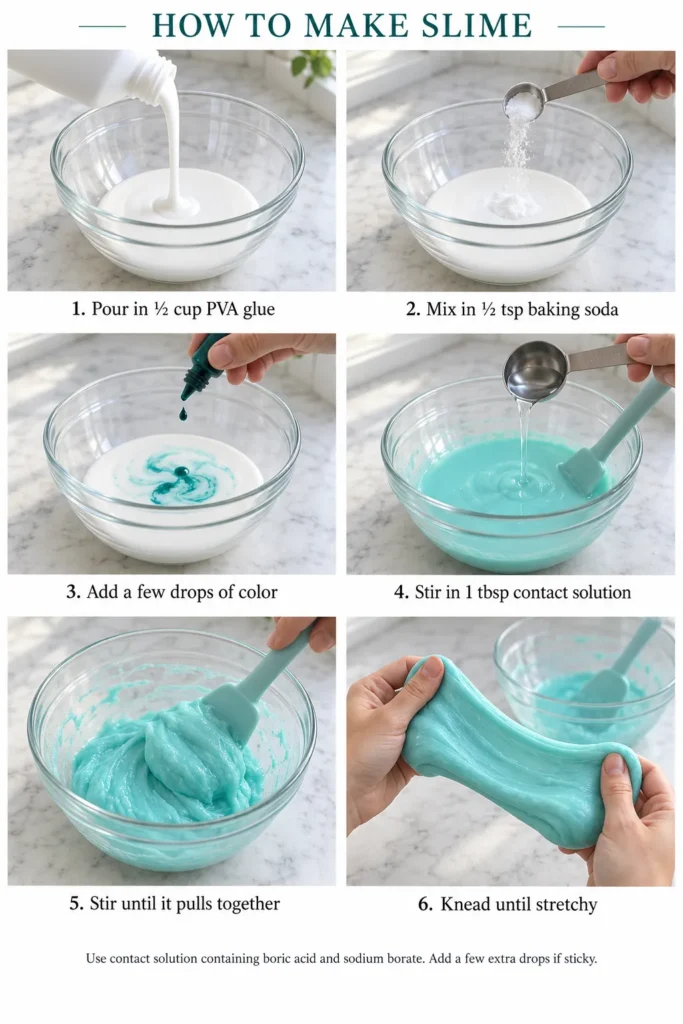 Step-by-step slime making process showing pouring glue, adding baking soda and food coloring, mixing in contact solution, and stretching finished turquoise slime in a glass bowl