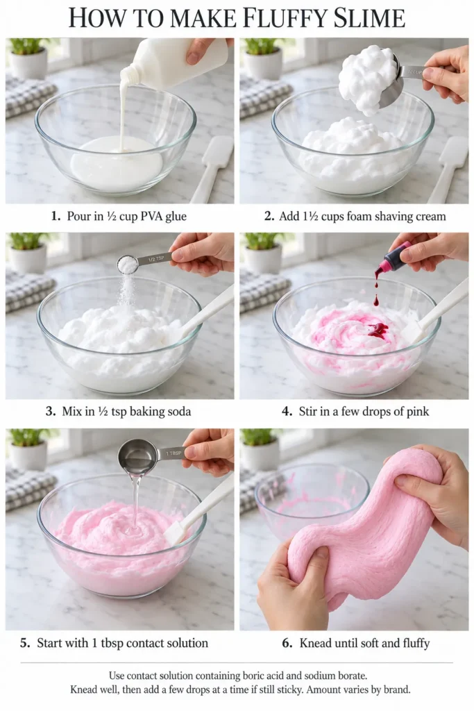 Step-by-step instructions for making pink fluffy slime, from pouring glue and adding shaving cream to kneading the finished product