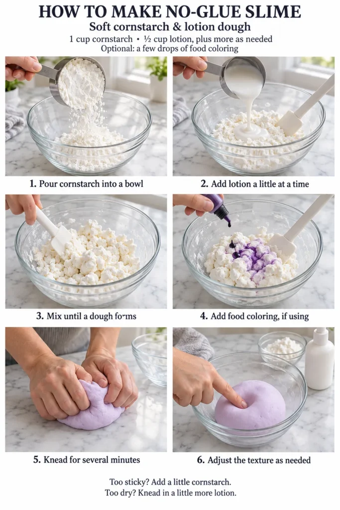 Hands kneading purple slime dough on marble surface until smooth and stretchy
