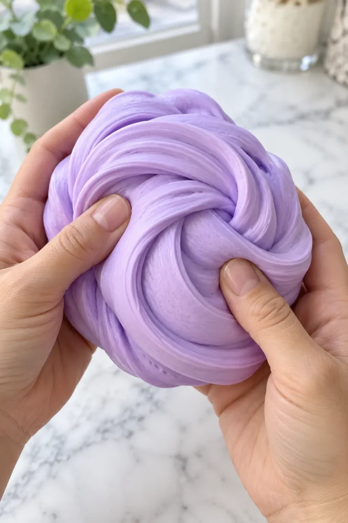 Hands holding a ball of stretchy purple slime with smooth, glossy swirls on a marble countertop