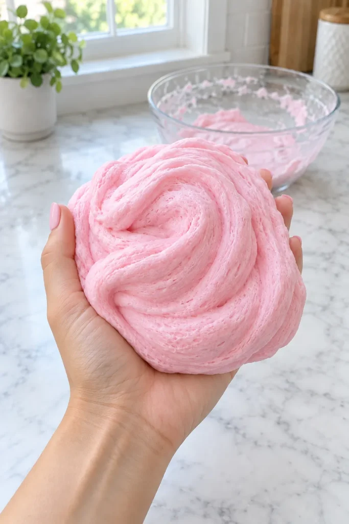 Hand holding fluffy pink slime with swirled texture, clear bowl of slime visible on marble countertop behind it