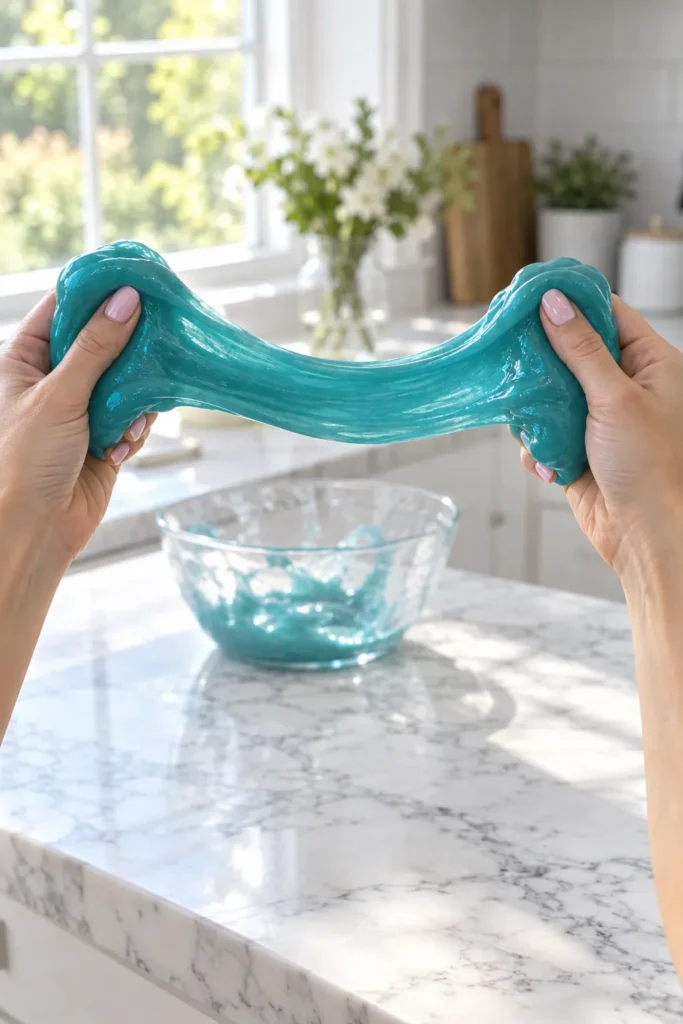 Hands stretching turquoise slime above a marble counter with a bowl of slime below and bright kitchen window in background