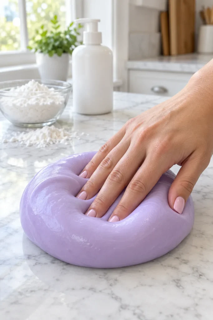 Hand pressing into lavender-colored slime on marble countertop with white pump bottle and bowl of ingredients in bright kitchen background