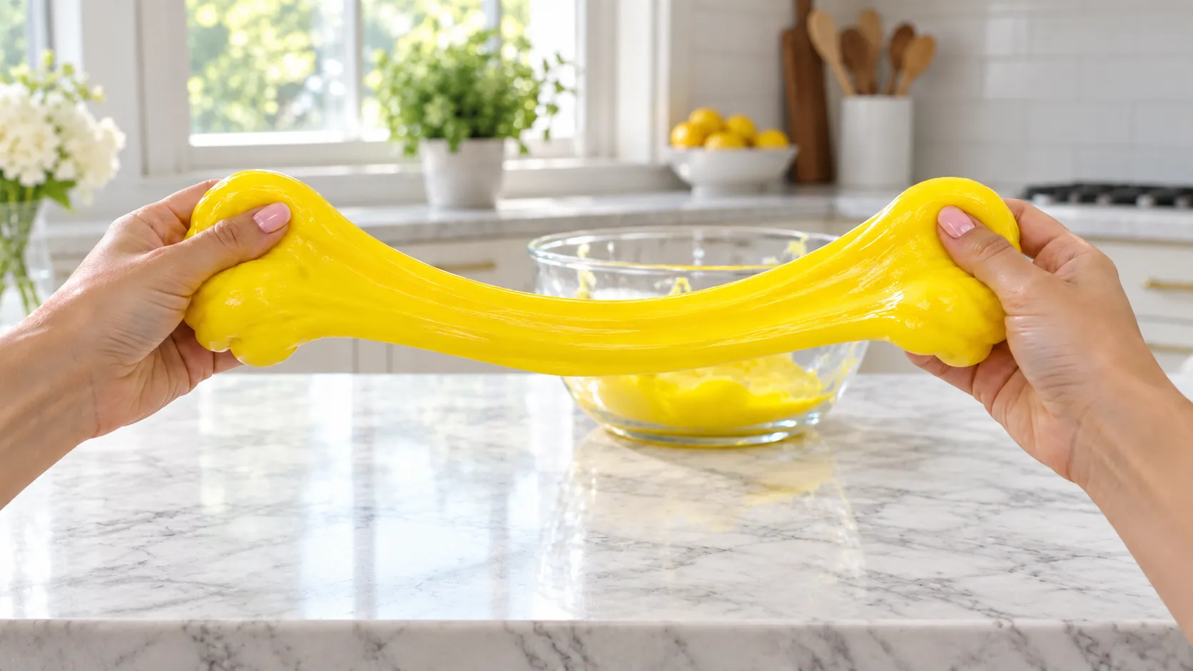 Hands stretching bright yellow slime on a marble kitchen counter with a bright, airy kitchen in the background