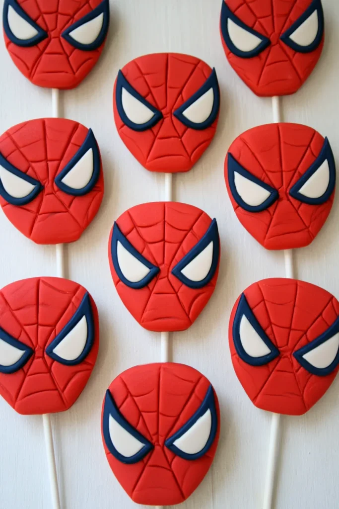 Red fondant Spider-Man face cake pops with navy eye masks arranged on white sticks against a white background