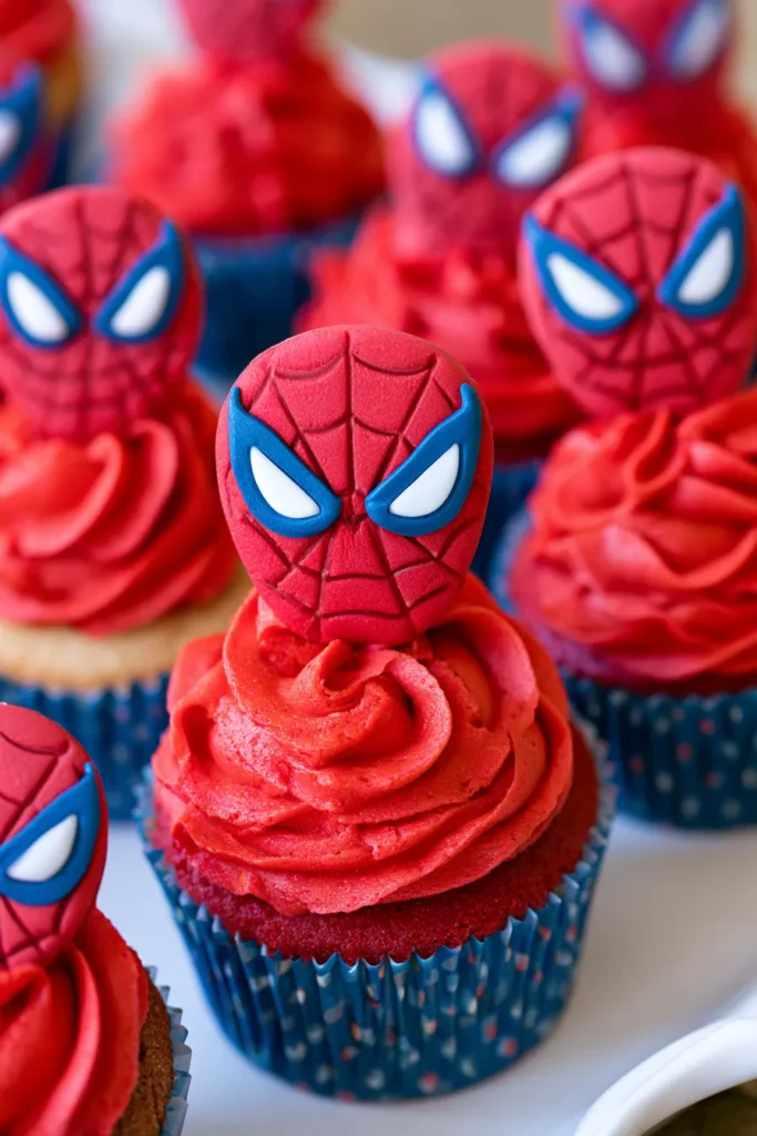 Red velvet cupcakes topped with swirled red frosting and Spider-Man mask toppers featuring blue eyes and web details in blue liners