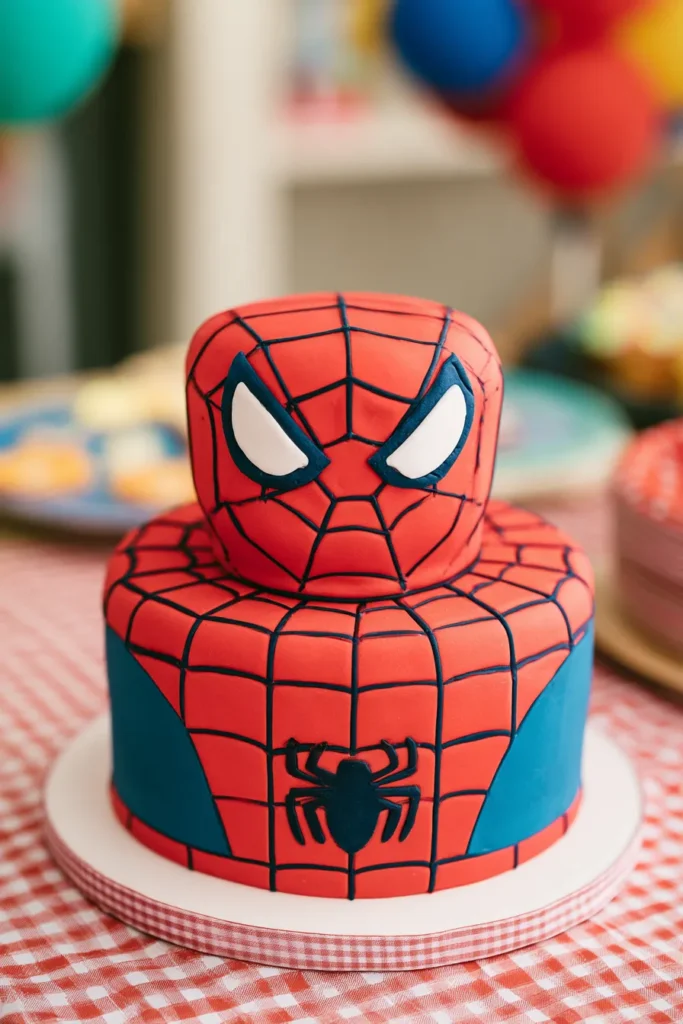 Two-tiered Spider-Man cake with red fondant web pattern, white eyes, and blue torso band on white plate with red gingham tablecloth
