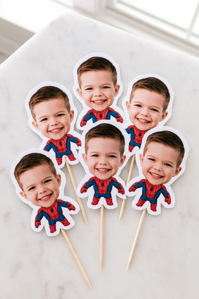 Custom photo cupcake toppers featuring smiling toddler faces in Spider-Man costumes on white marble surface