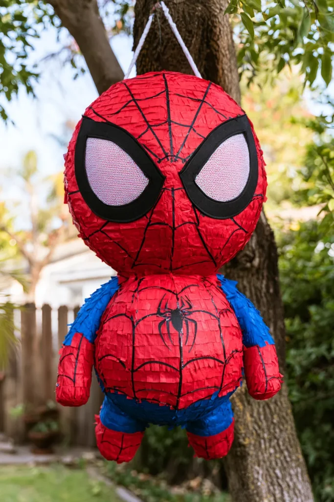 Spider-Man plush pinata with red and blue fabric hanging from tree branch in backyard