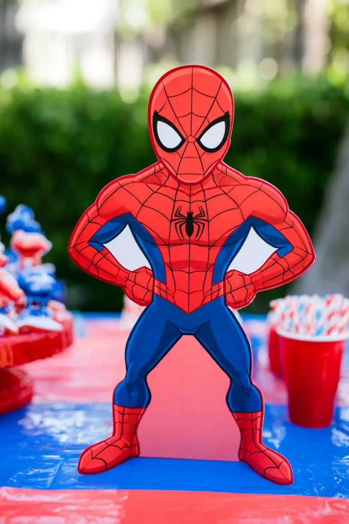 Spider-Man cutout decoration in classic red and blue suit standing on a themed party table with red cups and decorations in the background