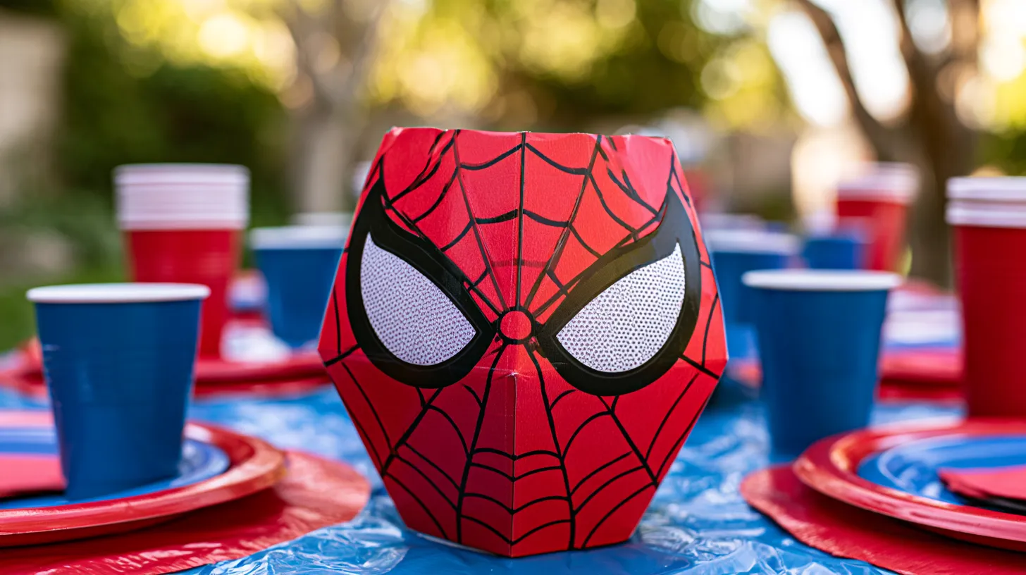 Spider-man themed party table with red mask centerpiece, blue and red cups, and matching plates on a sunny outdoor deck