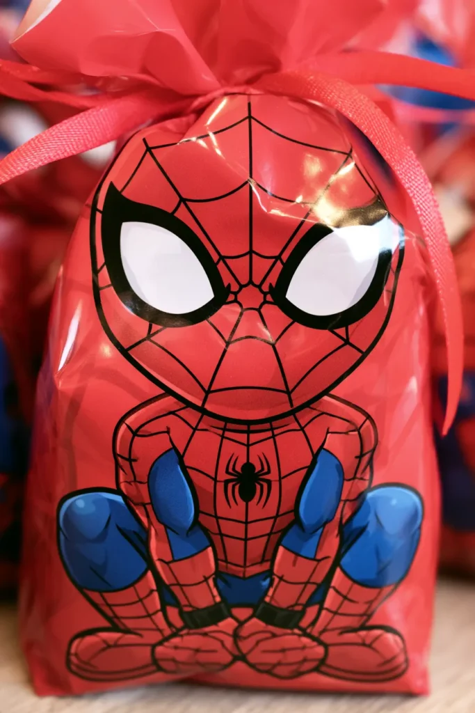 Cute red gift bag with cartoon Spider-Man character design and red ribbon bow on top