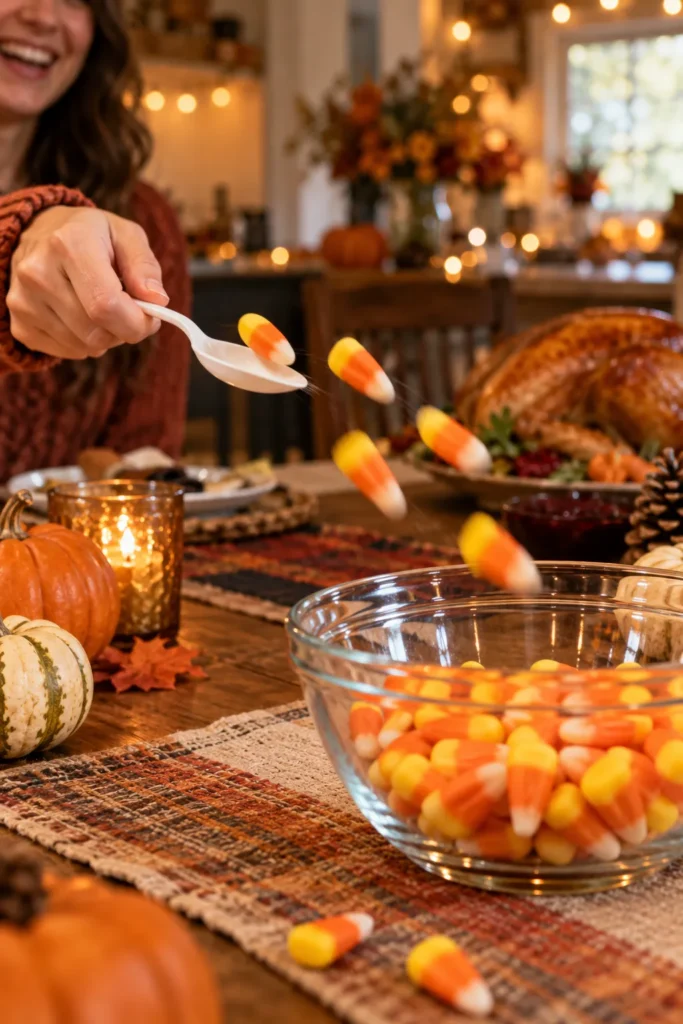 Woman tossing candy corn into a glass bowl at a fall-decorated dining table with roasted turkey and autumn centerpieces