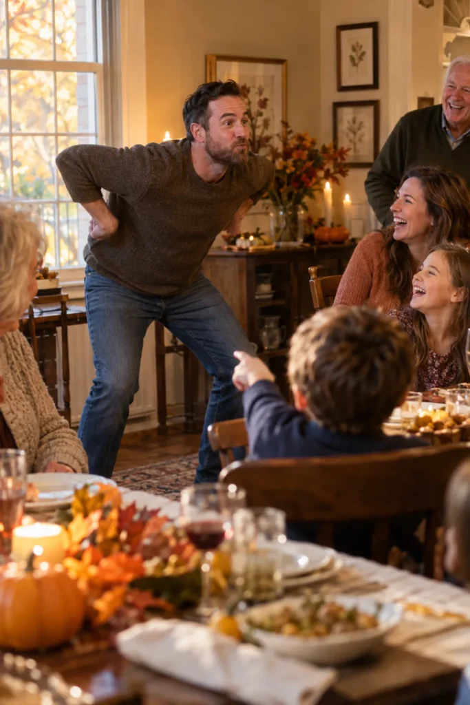 Family laughing together during Thanksgiving dinner with fall decorations and food on table